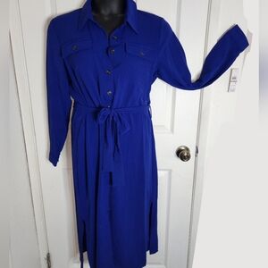New DKNY Womens Cobalt Blue Long Sleeve Collared Midi Shirt Dress Size 12